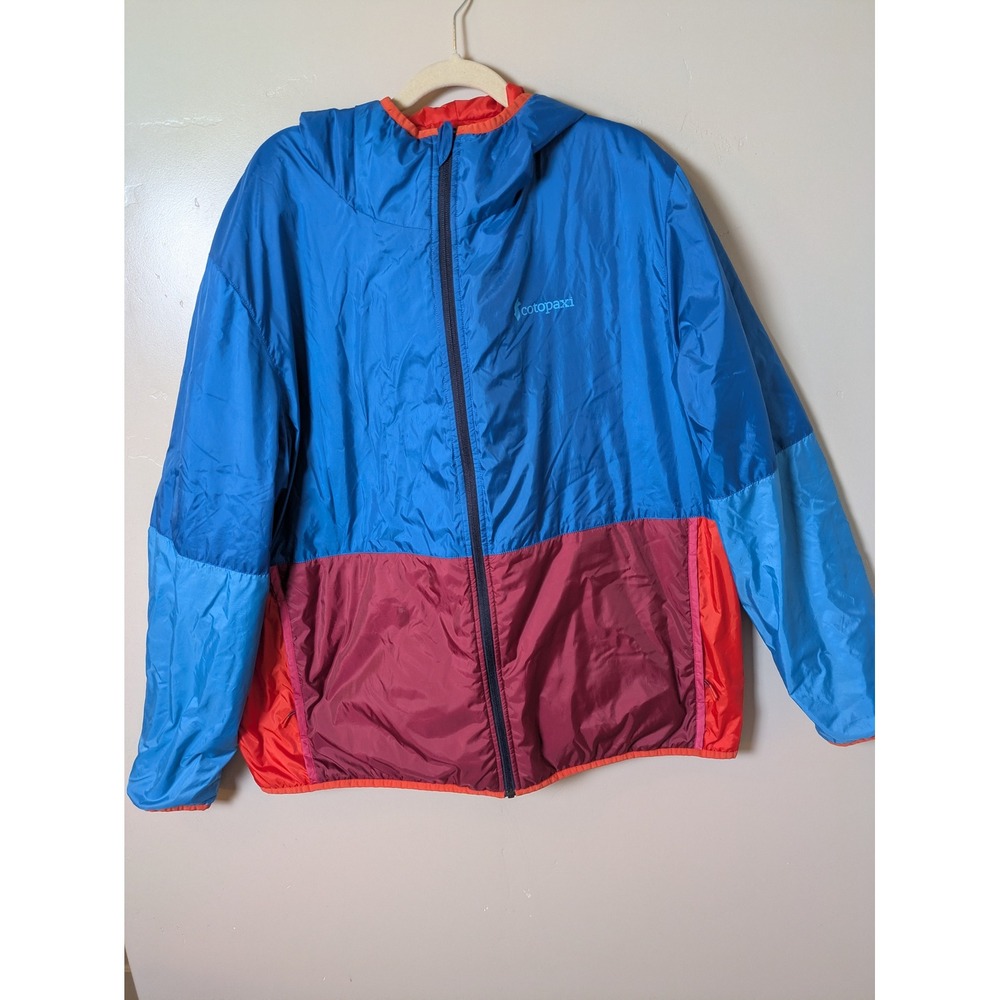 Cotopaxi Men's Size L Hooded Windbreaker Jacket Colorblock Blue Red Orange